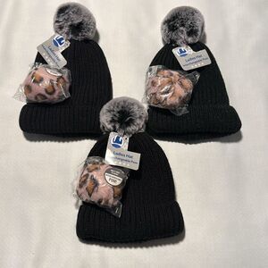 Black Beanie Womens Pom Pom Lot Of 3